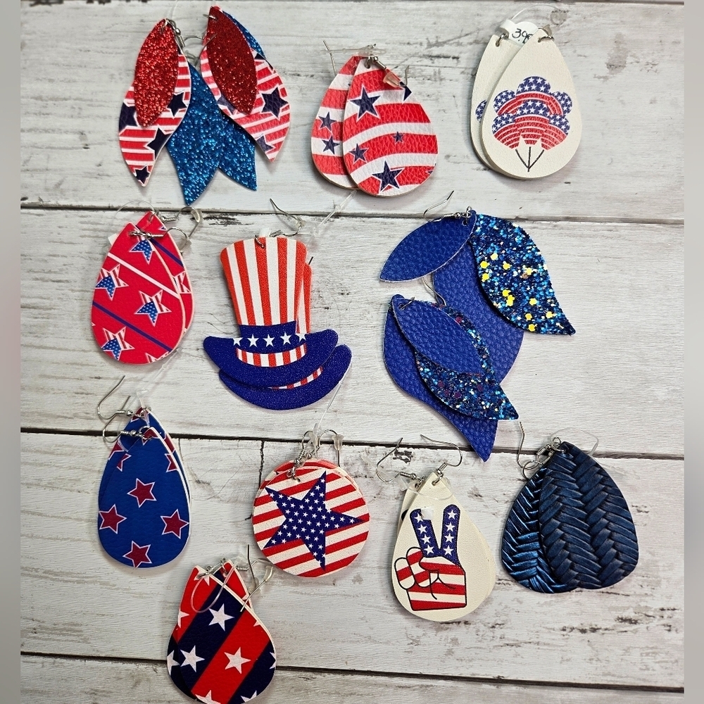 Colorful Patriotic Earrings Set Ten Pieces Glitter Red White Blue Americana